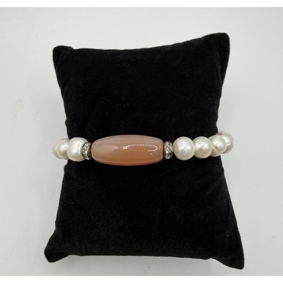 The Unbranded Brand Jewelry - Genuine Pearl And Peach Quartz Stretch Bracelet with Rhinestone Spacer Beads